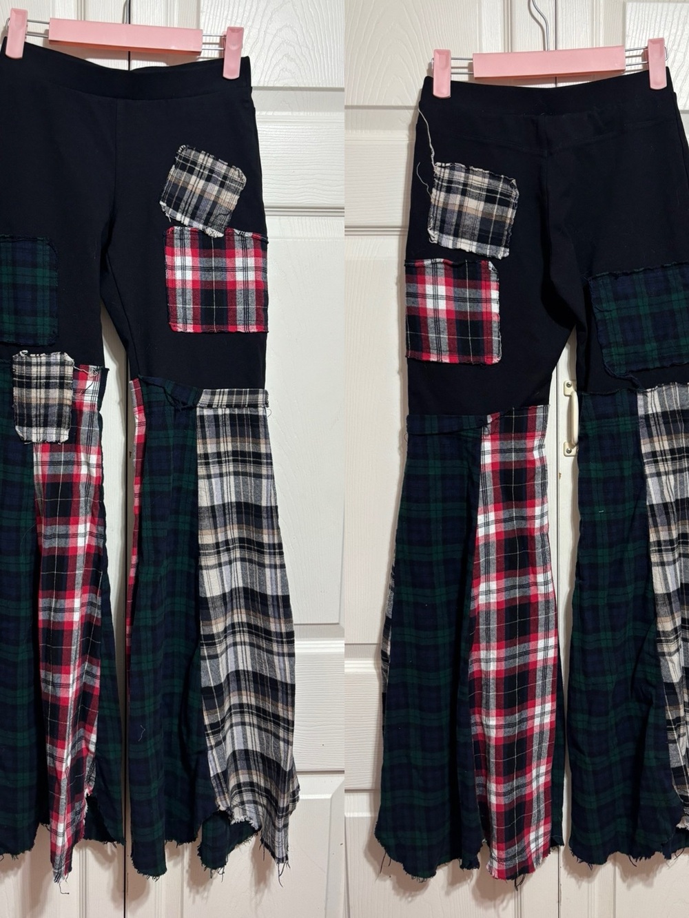 Patchwork Flannel Boot Cut Pants - Black with Red & Green Plaid